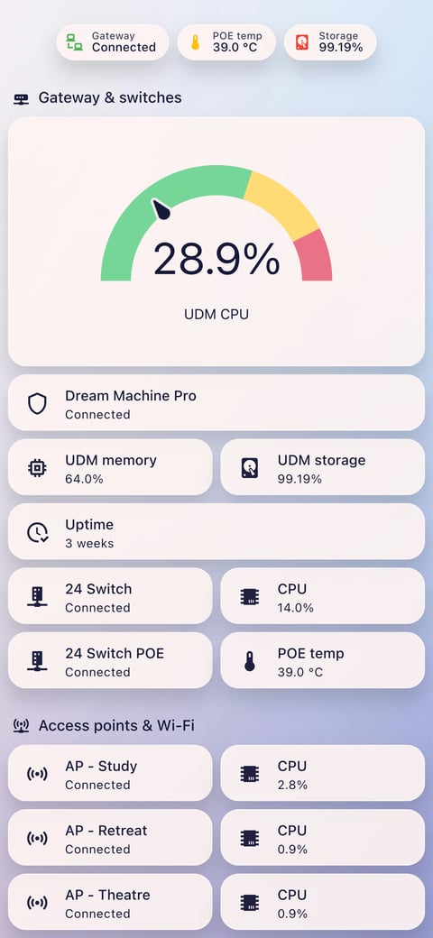Home Assistant network lab dashboard running the Frosted Glass theme (Light), on a phone