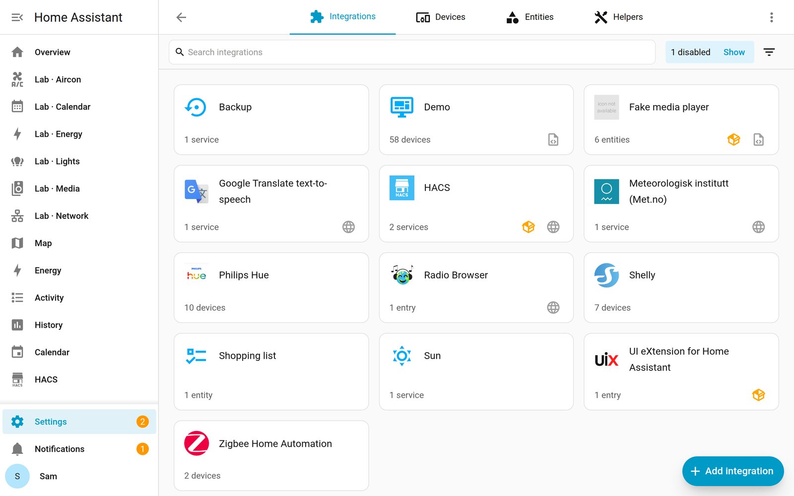 Home Assistant Settings, Devices & services, Integrations tab, with the Shelly integration card and the Add integration button