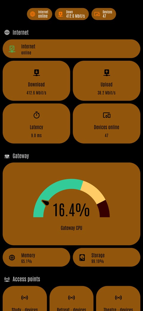 Home Assistant network lab dashboard running the LCARS theme (Lower Decks), on a phone