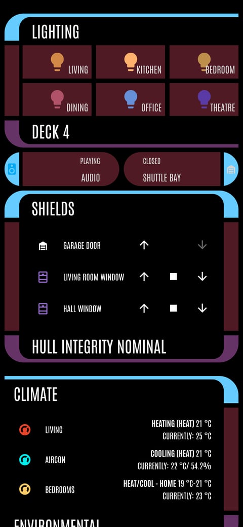 Home Assistant LCARS showcase dashboard running the LCARS theme (Cardassia), on a phone