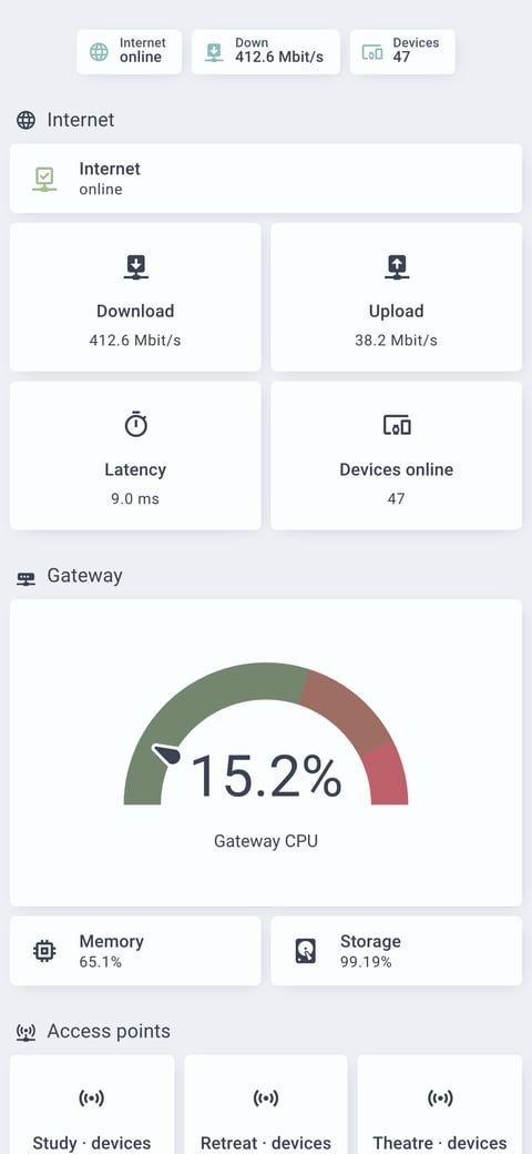 Home Assistant network lab dashboard running the Nordic theme (Light), on a phone