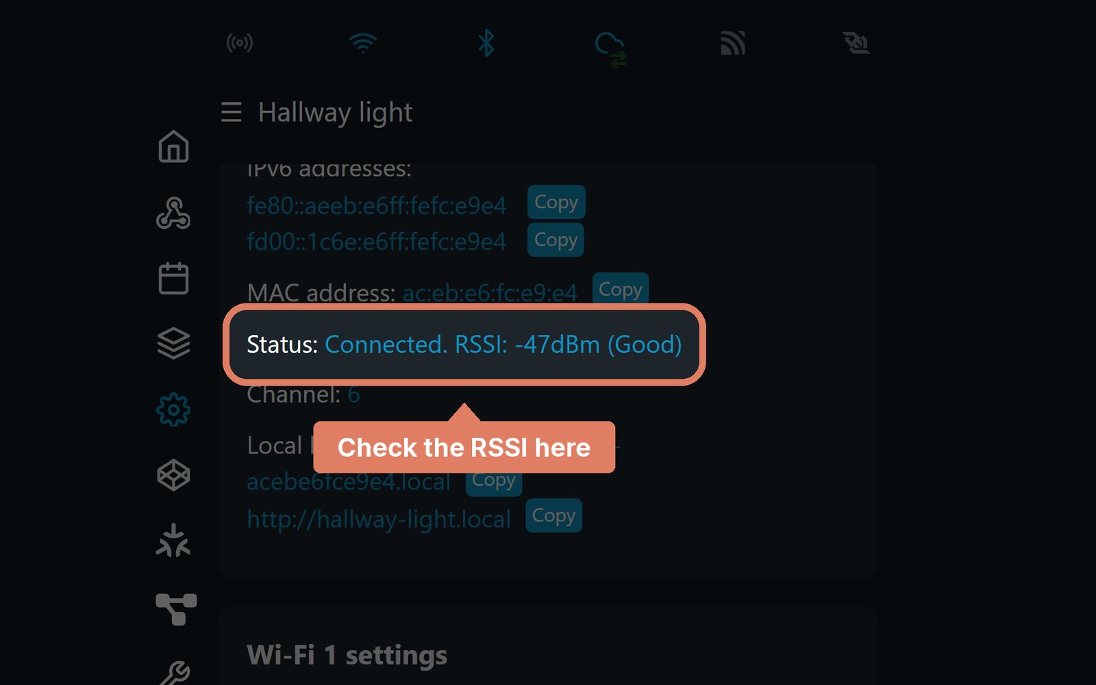 The Shelly web page's Wi-Fi status, with the Status line marked showing Connected and an RSSI of -47 dBm