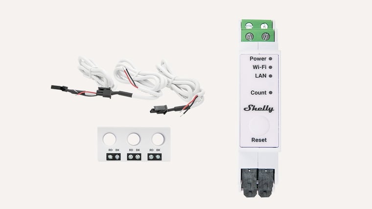 Shelly Pro 3EM-3CT63 energy meter with its three current transformer clamps