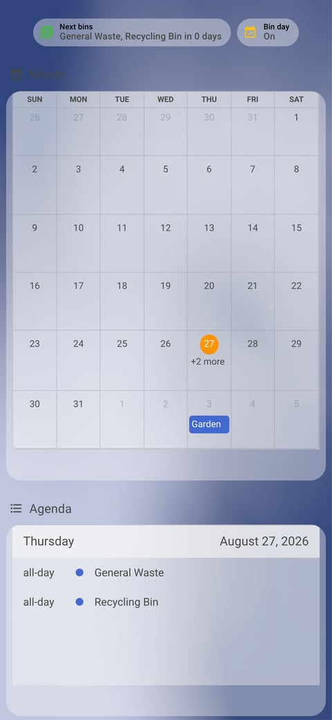 Home Assistant calendar lab dashboard running the iOS Themes theme (Light), on a phone