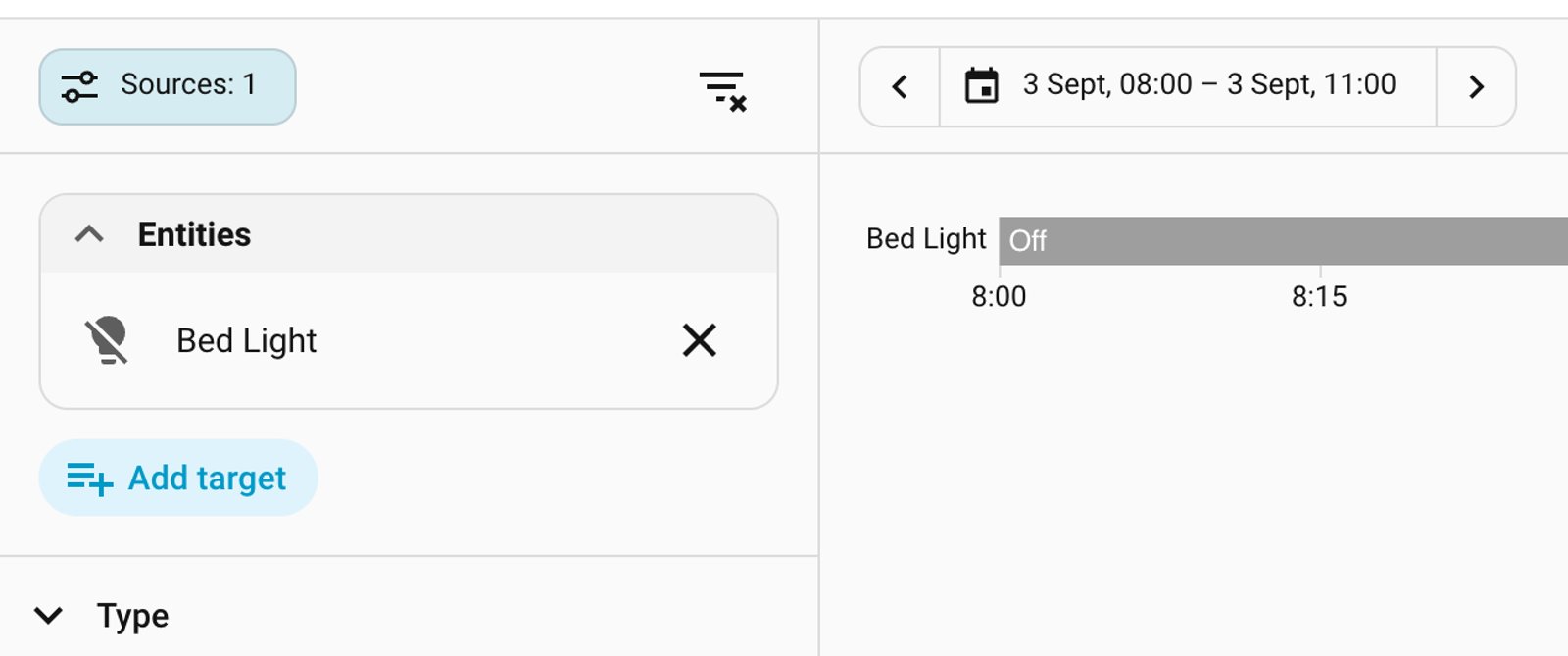 The Home Assistant history page showing the new Sources panel, with Entities, Type and Integrations filter sections