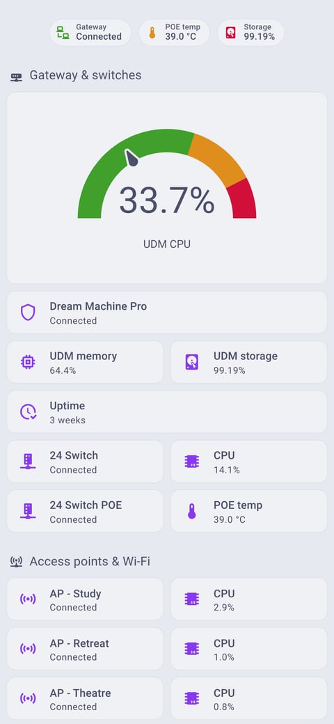 Home Assistant network lab dashboard running the Catppuccin theme (Latte), on a phone