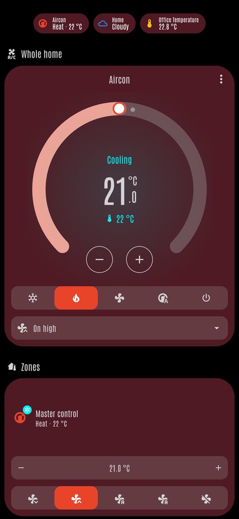 Home Assistant aircon lab dashboard running the LCARS theme (Cardassia), on a phone