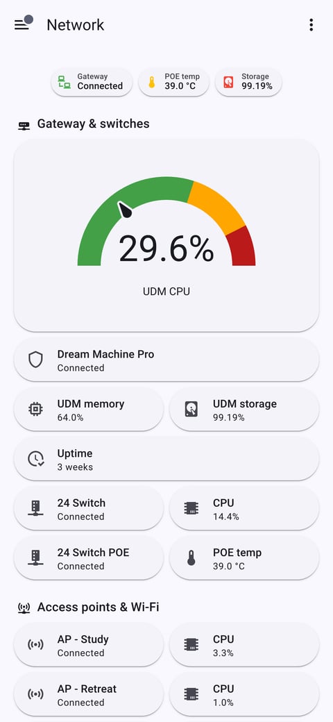 Home Assistant network lab dashboard running the Material You theme (Light), on a phone