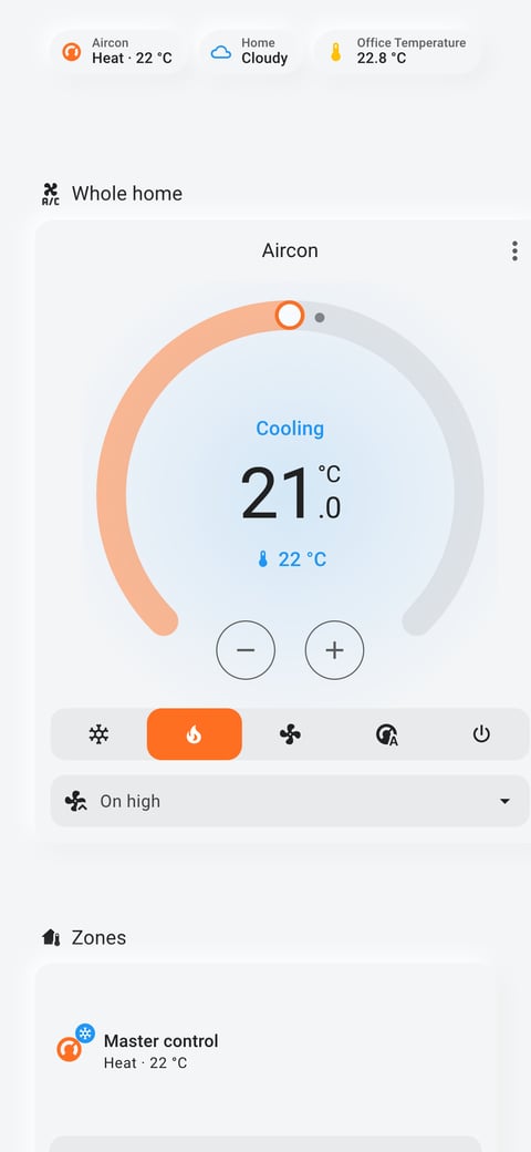 Home Assistant aircon lab dashboard running the Soft theme (Light), on a phone
