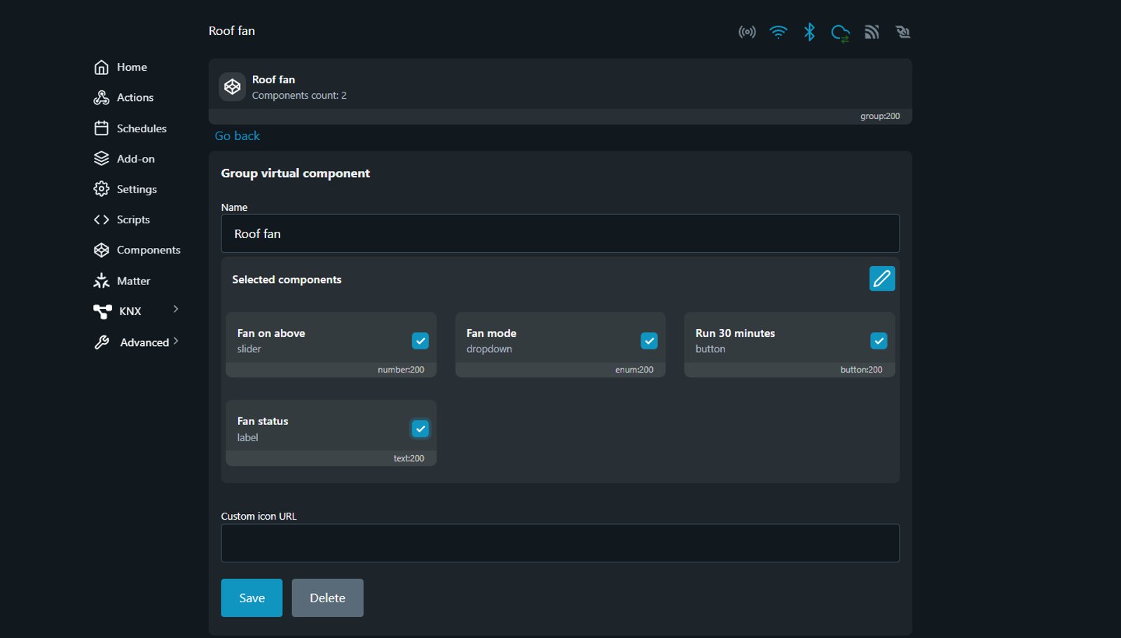 Shelly web interface settings for the Roof fan group, with Fan on above, Fan mode, Run 30 minutes and Fan status all ticked
