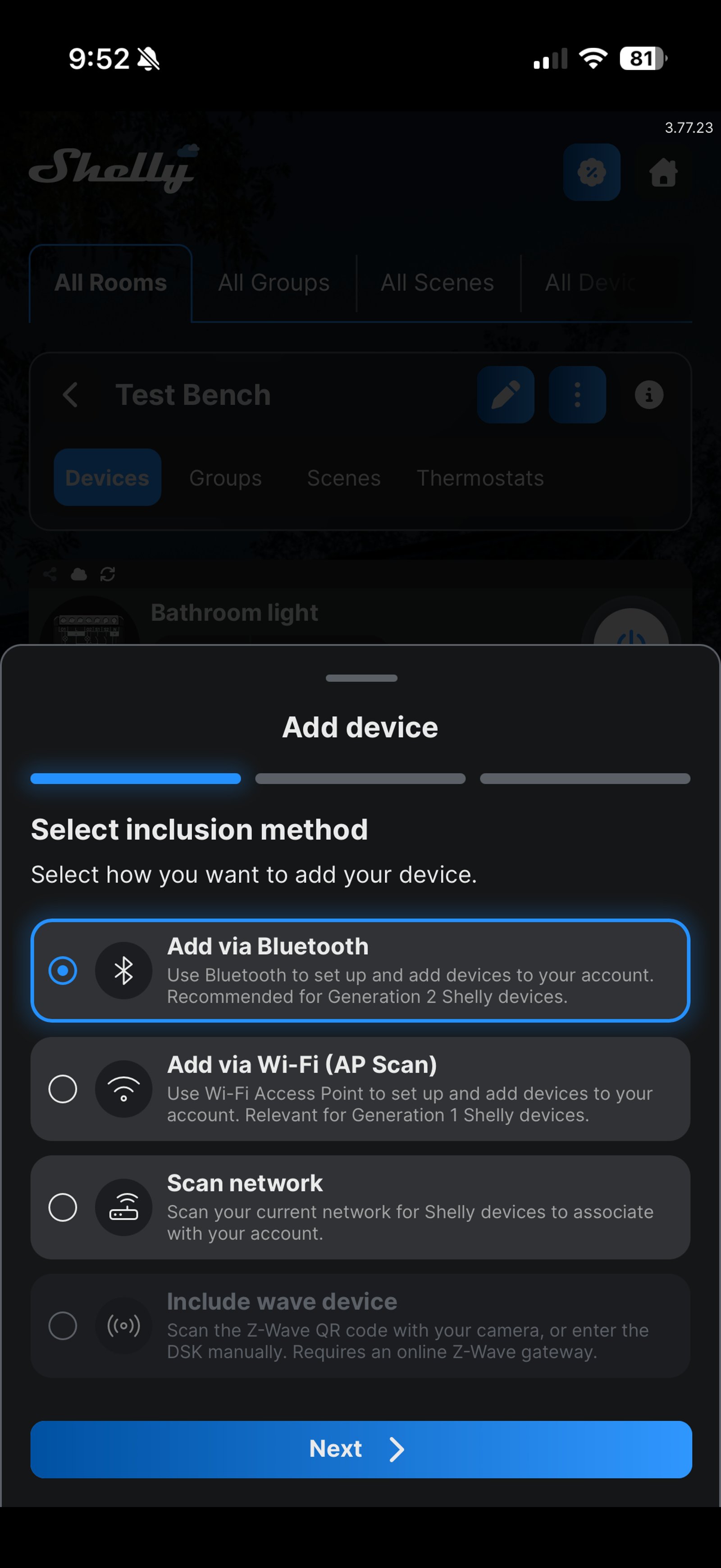 Shelly Smart Control Add device screen, Select inclusion method, with Add via Bluetooth selected above Add via Wi-Fi, Scan network and Include wave device