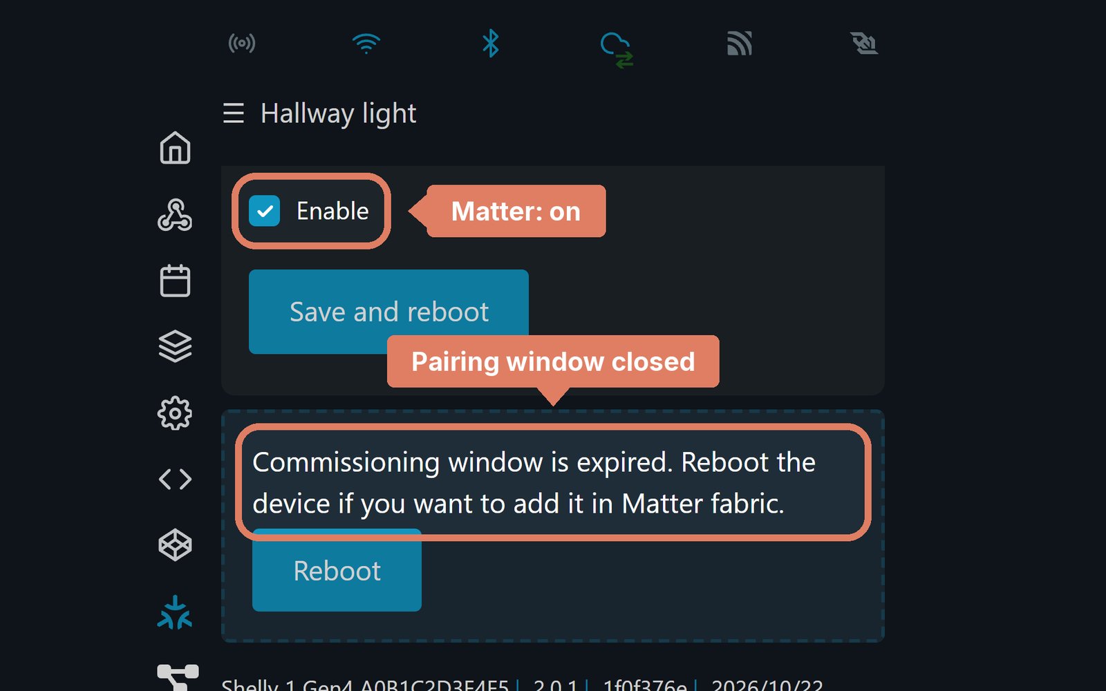 The Shelly web page's Matter page, with Enable ticked and the commissioning window expired message marked