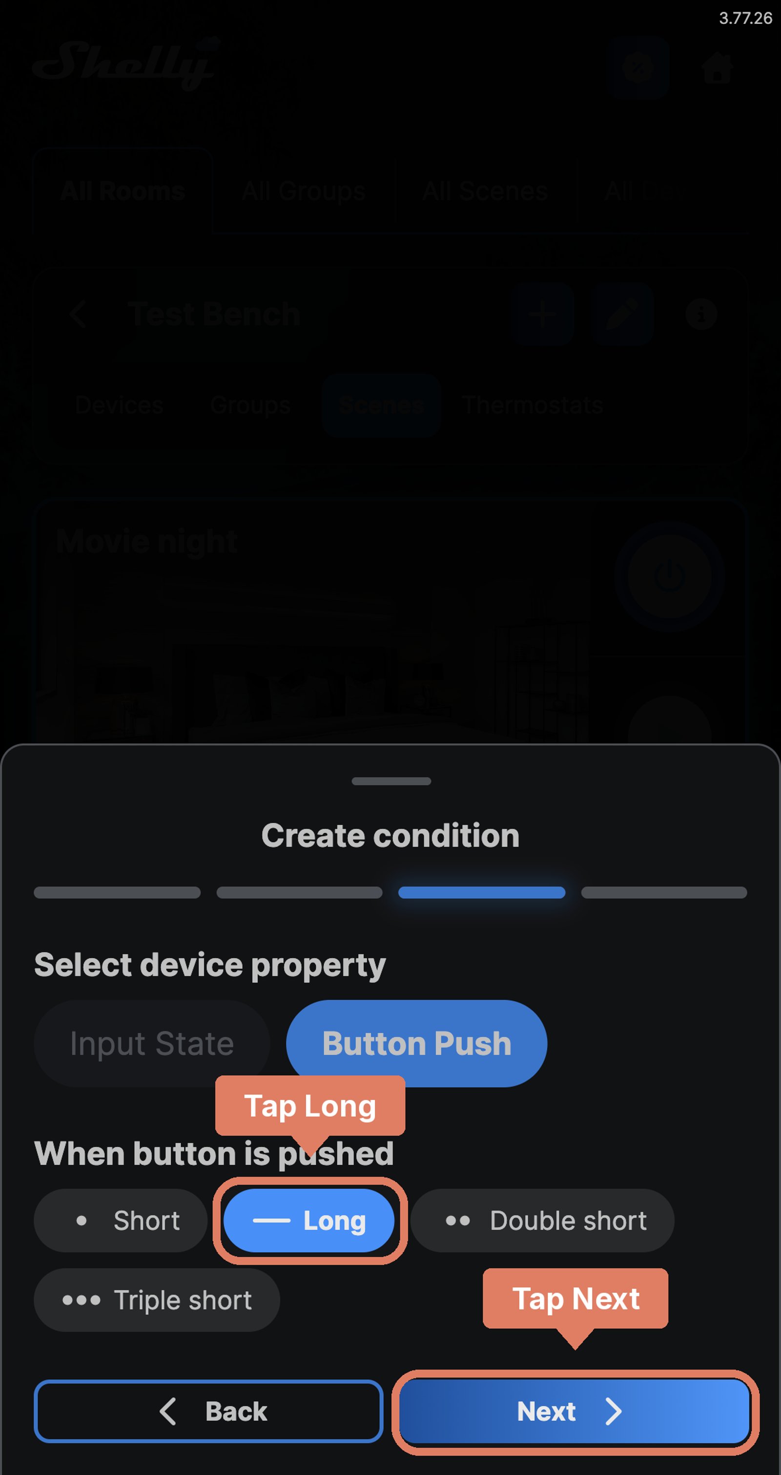 Shelly app scene condition for Living room switch with Button Push and Long chosen, and Next marked.