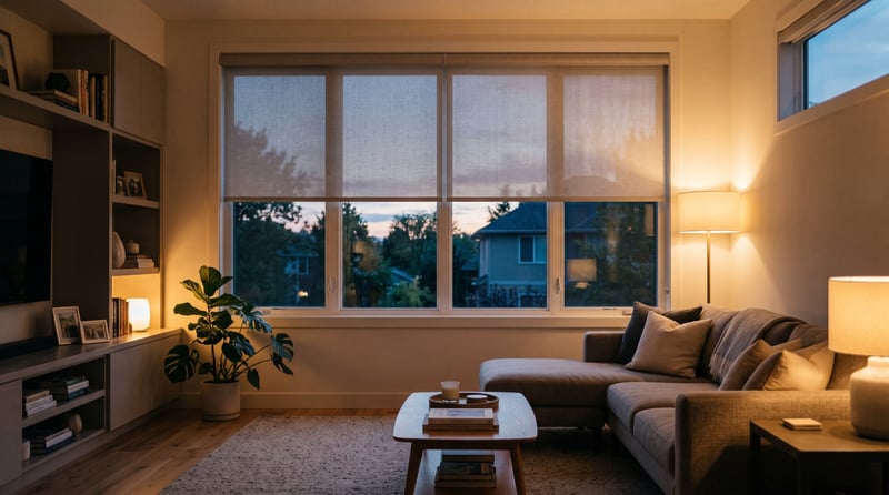 Living room at dusk with a roller blind half lowered over the window