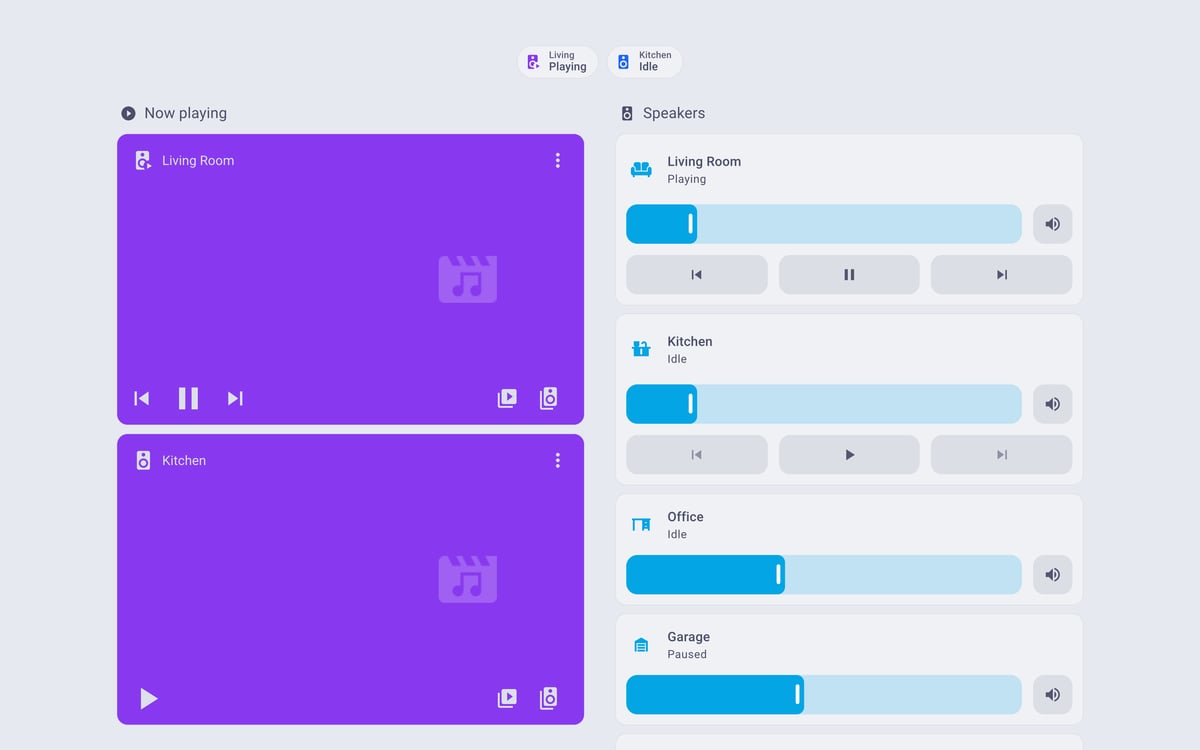 Home Assistant media lab dashboard running the Catppuccin theme (Latte), on desktop