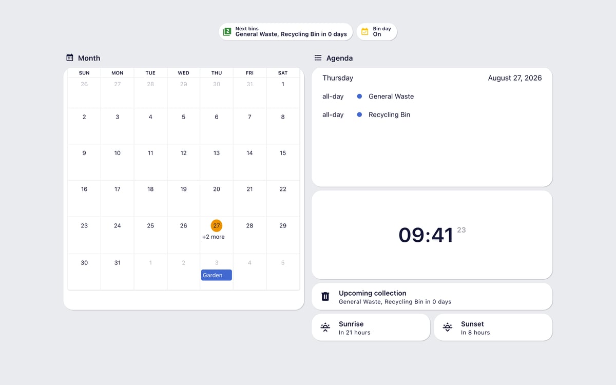 Home Assistant calendar lab dashboard running the Graphite theme (Light), on desktop