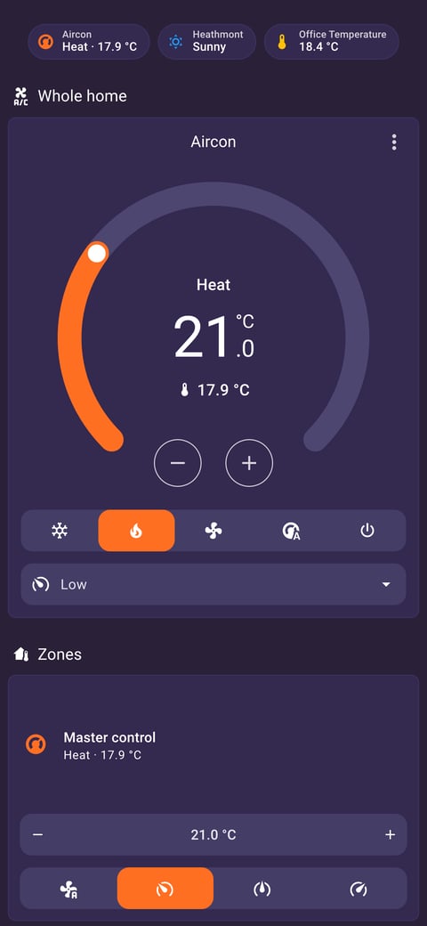 Home Assistant aircon lab dashboard running the Synthwave theme (Dark), on a phone