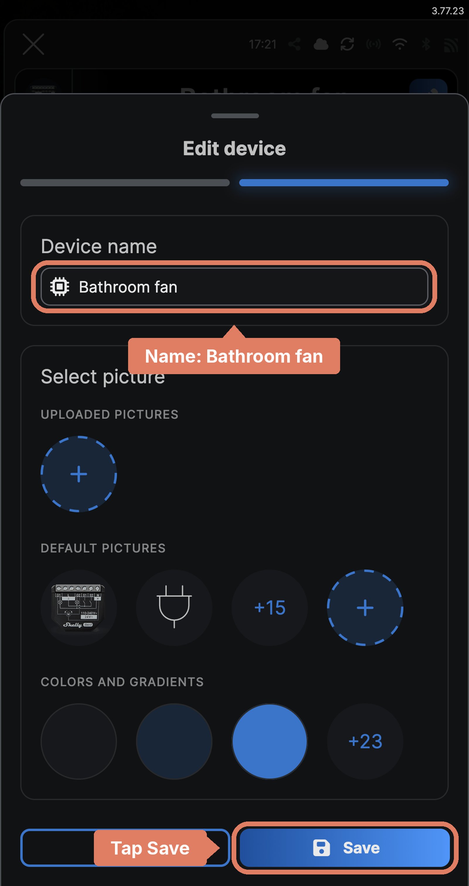 Shelly app Edit device sheet for a Shelly 2PM Gen4 channel, with the name Bathroom fan labelled and Save marked.