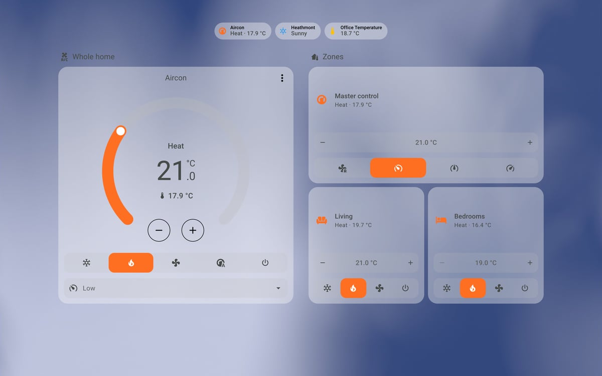 Home Assistant aircon lab dashboard running the iOS Themes theme (Light), on desktop