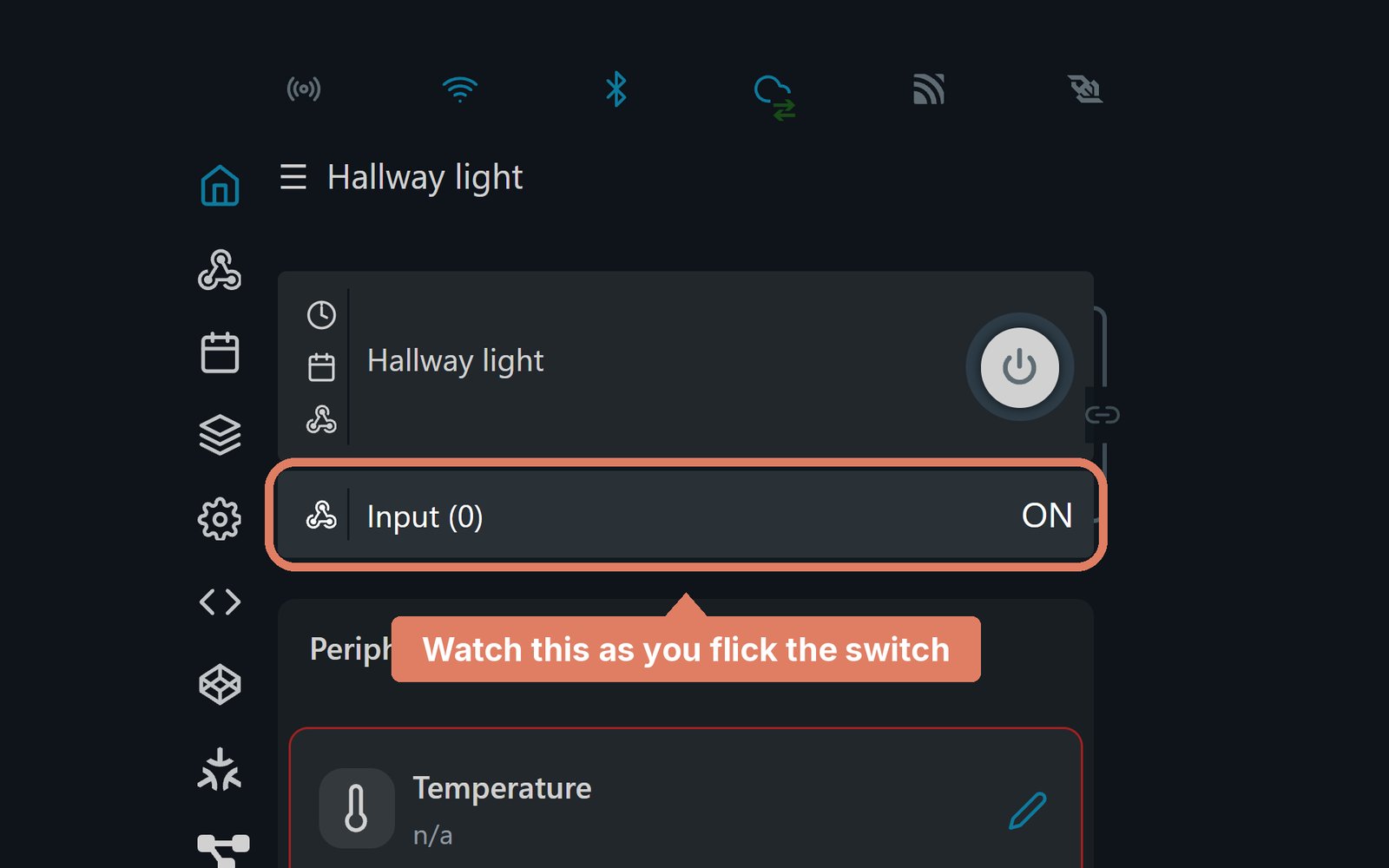 The Shelly web page's home screen, with the Input (0) row and its ON state marked