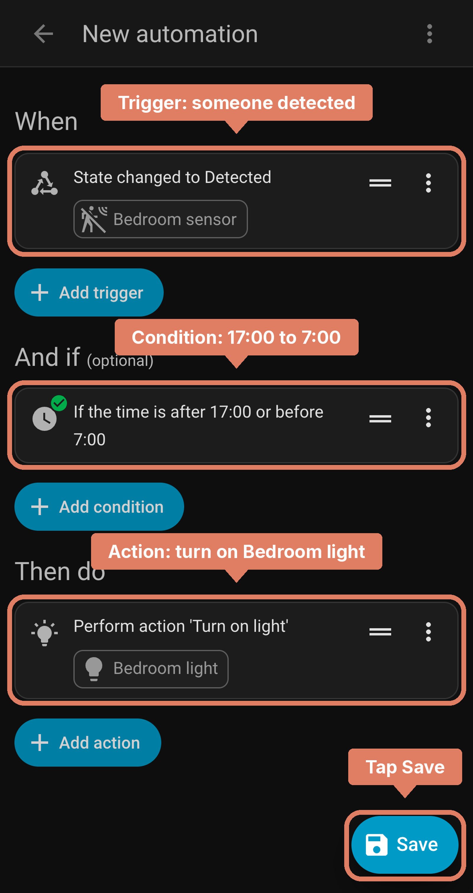 Home Assistant new automation before saving: when Bedroom sensor detects someone, between 17:00 and 7:00, turn on Bedroom light, with each part labelled and Save marked.