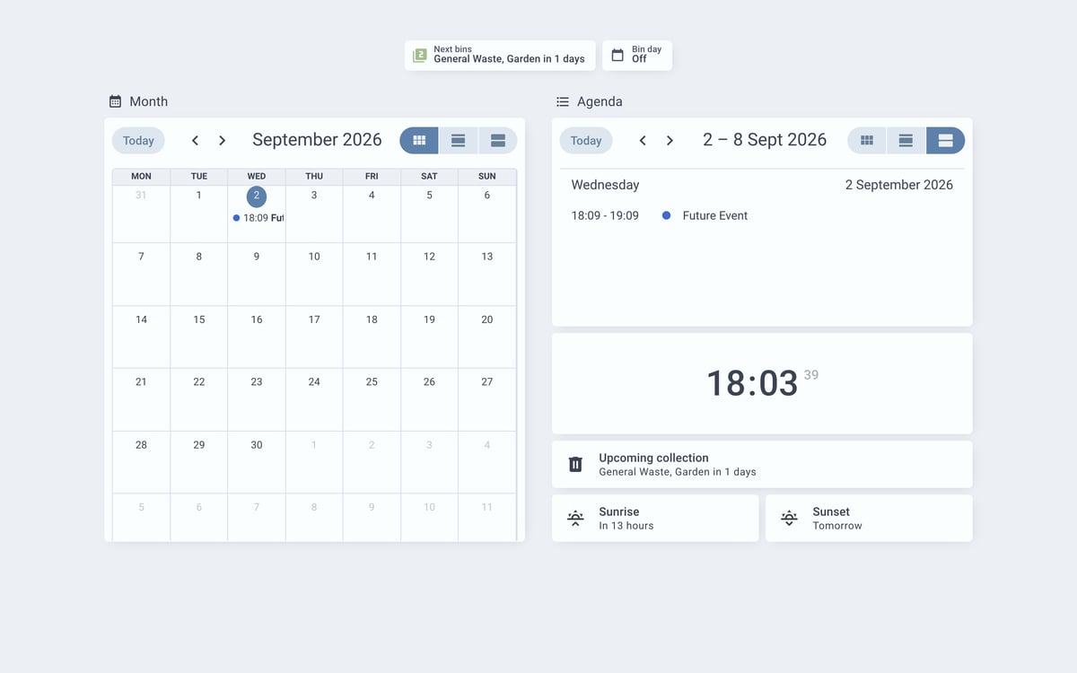 Home Assistant calendar lab dashboard running the Nordic theme (Blue light), on desktop