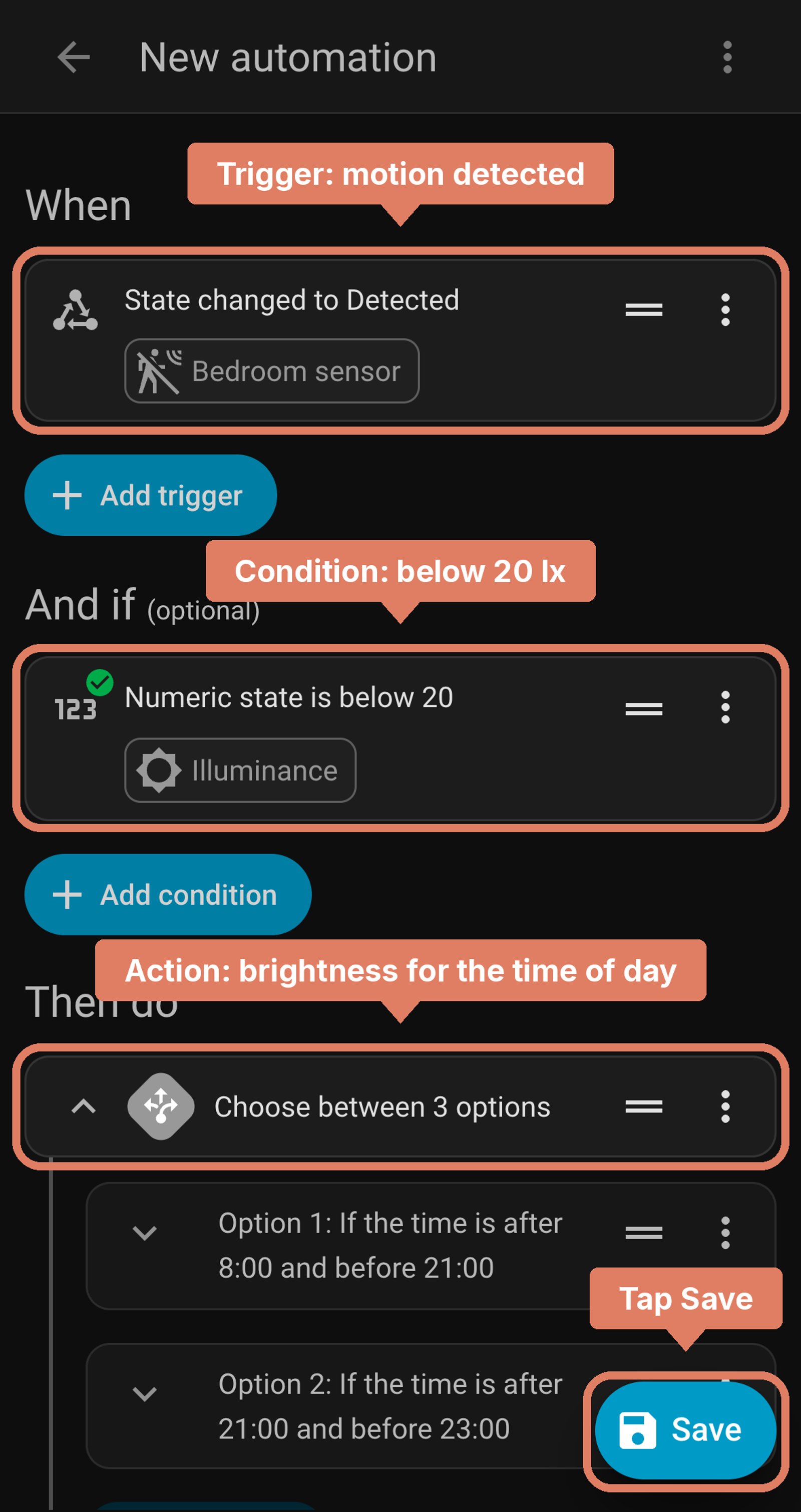 Home Assistant new automation before saving: Bedroom sensor detects motion, below 20 lux, brightness by the time of day, with each part labelled and Save marked.