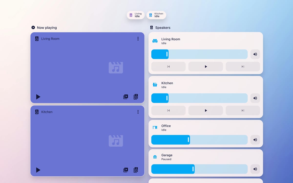 Home Assistant media lab dashboard running the Frosted Glass theme (Light), on desktop