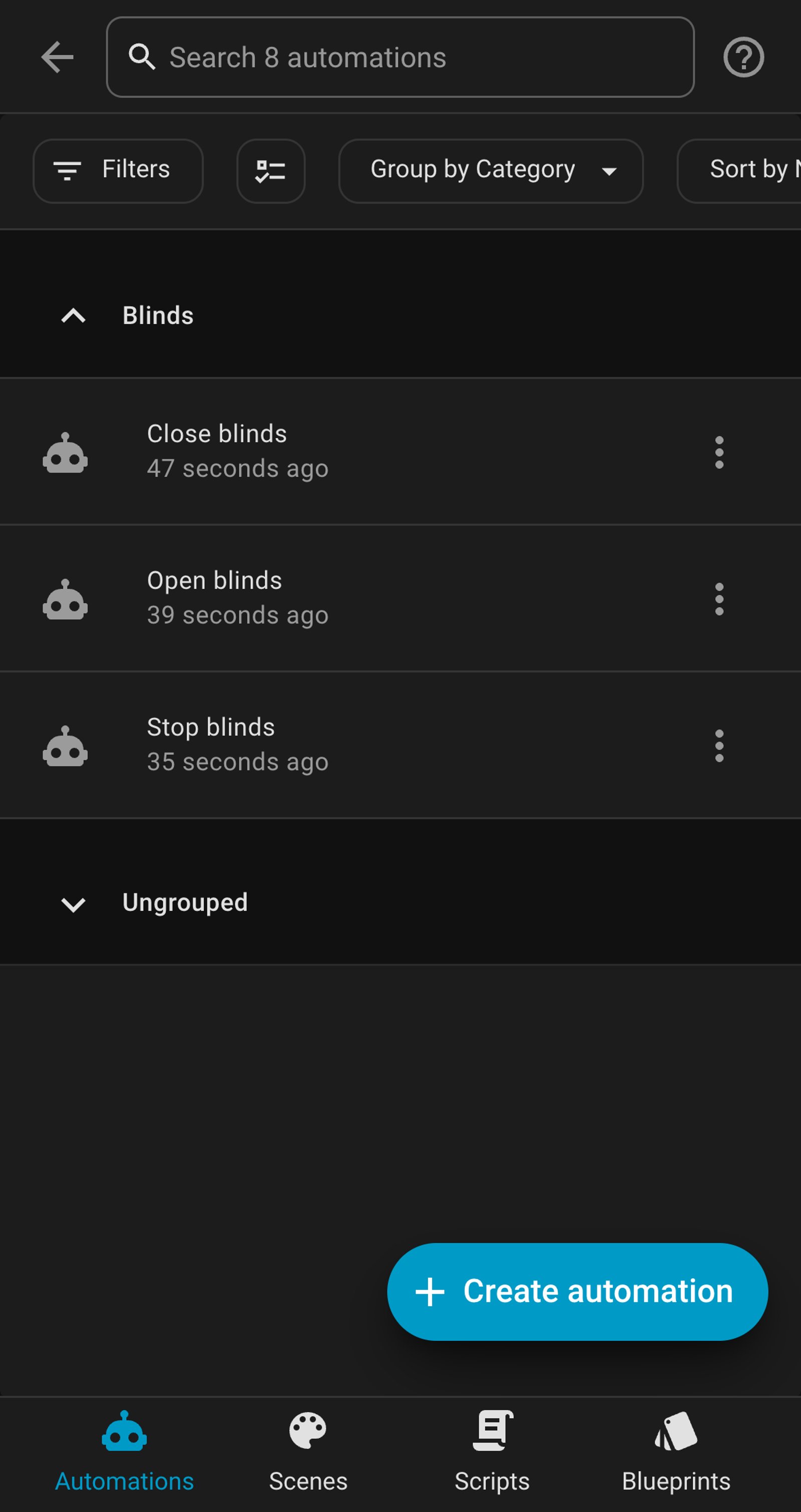 Home Assistant automations list showing Close blinds, Open blinds and Stop blinds in a Blinds group.