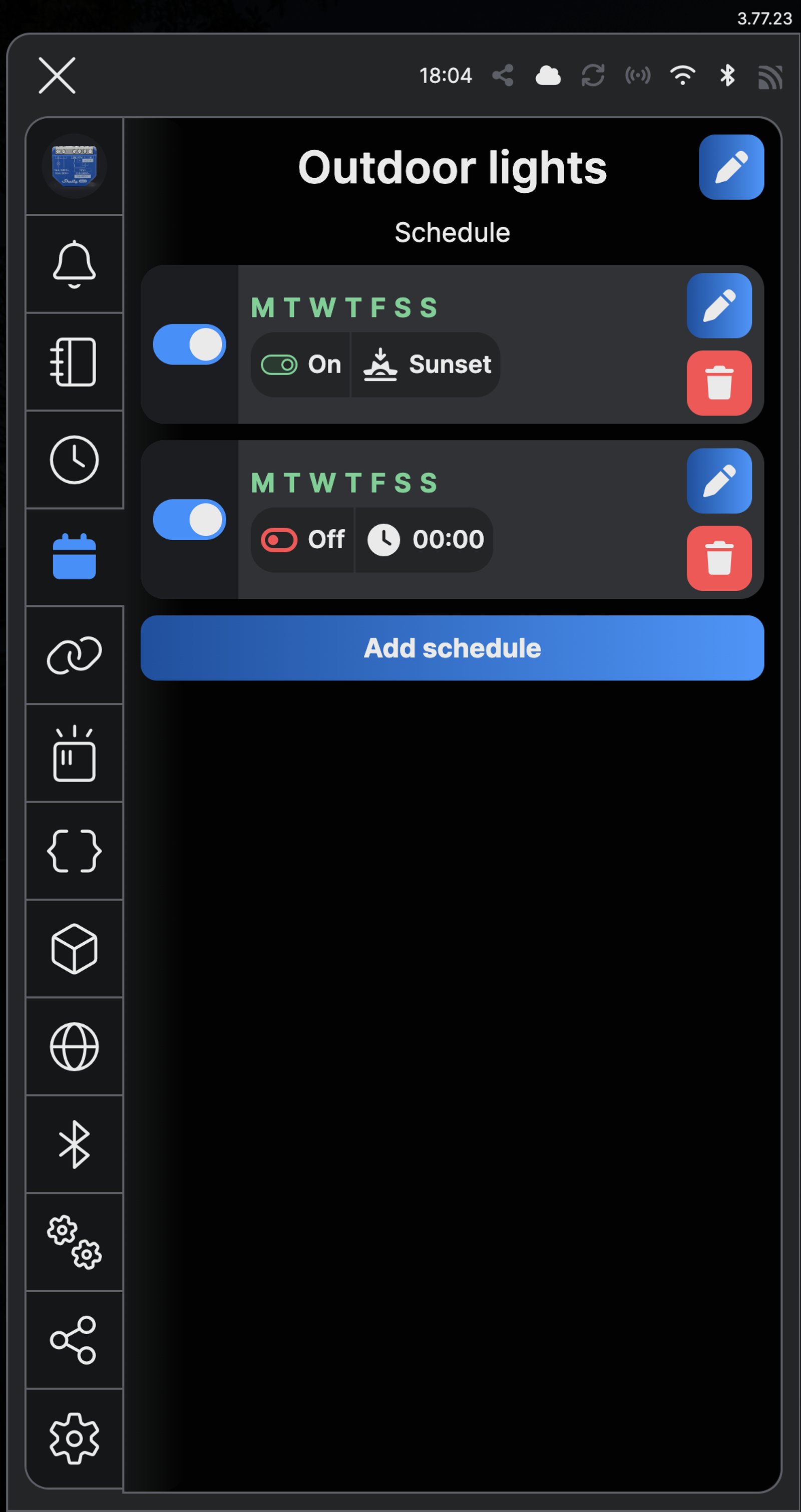 Shelly app schedule screen for a Shelly 1 Gen4 named Outdoor lights, with On at Sunset and Off at 00:00, every day.