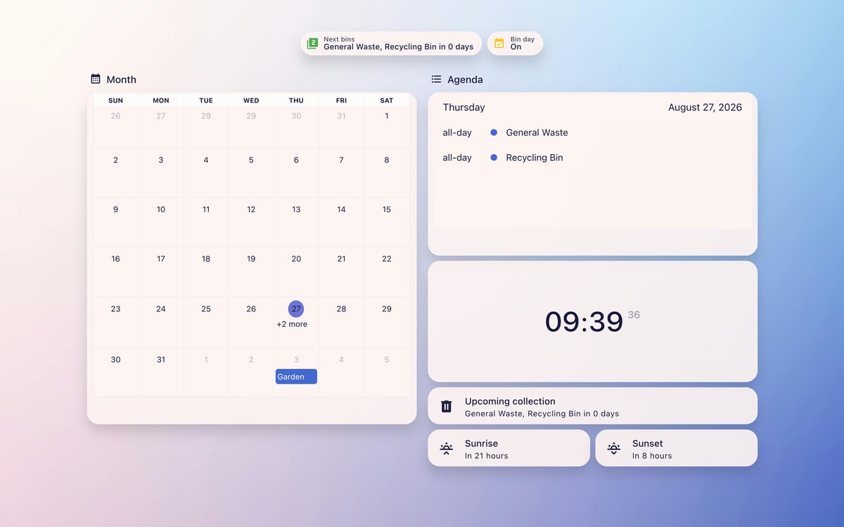 Home Assistant calendar lab dashboard running the Frosted Glass theme (Lite light), on desktop