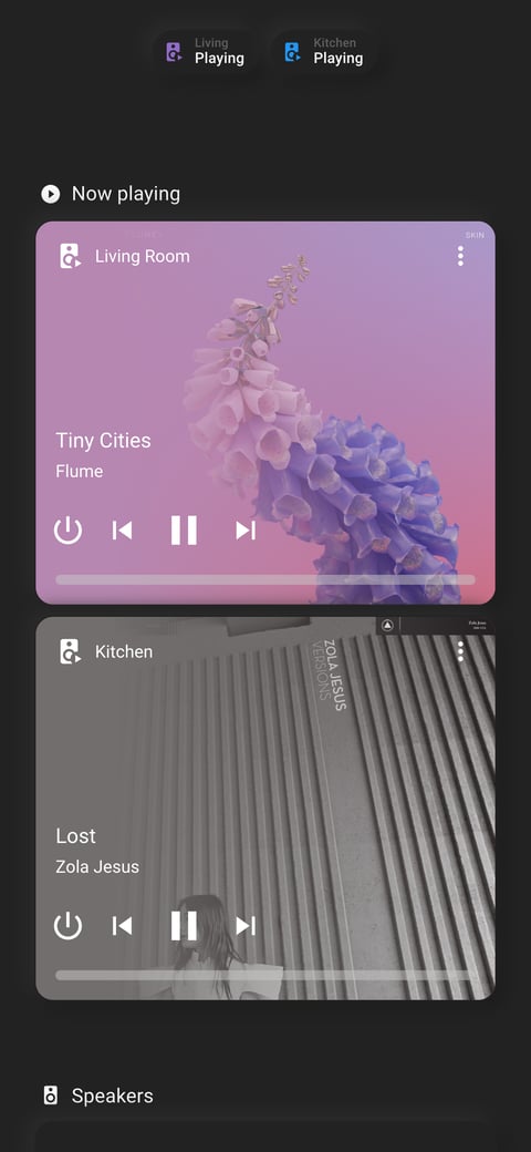 Home Assistant media lab dashboard running the Soft theme (Dark), on a phone
