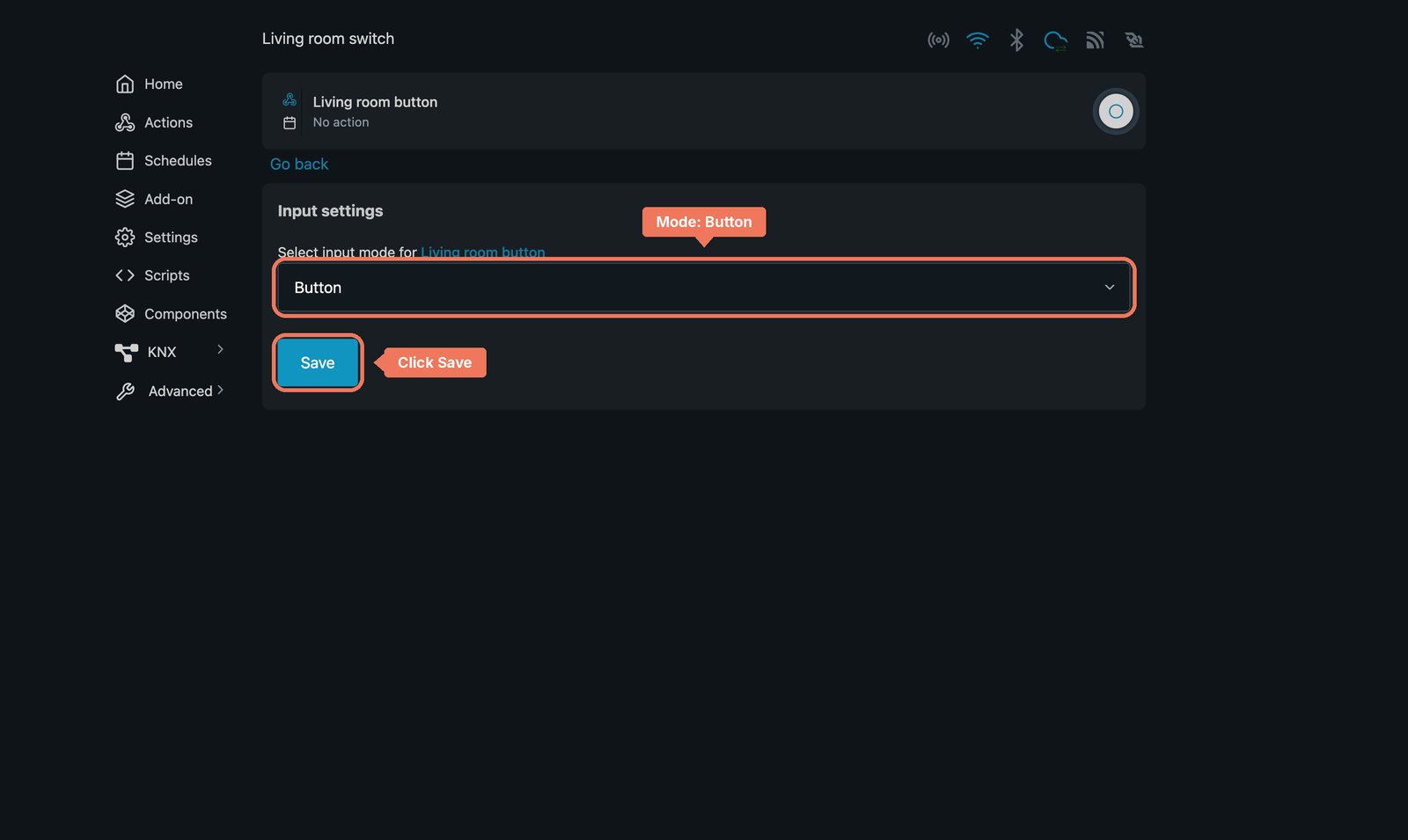 Shelly web interface Input settings for Living room button with the mode set to Button, and Save marked.