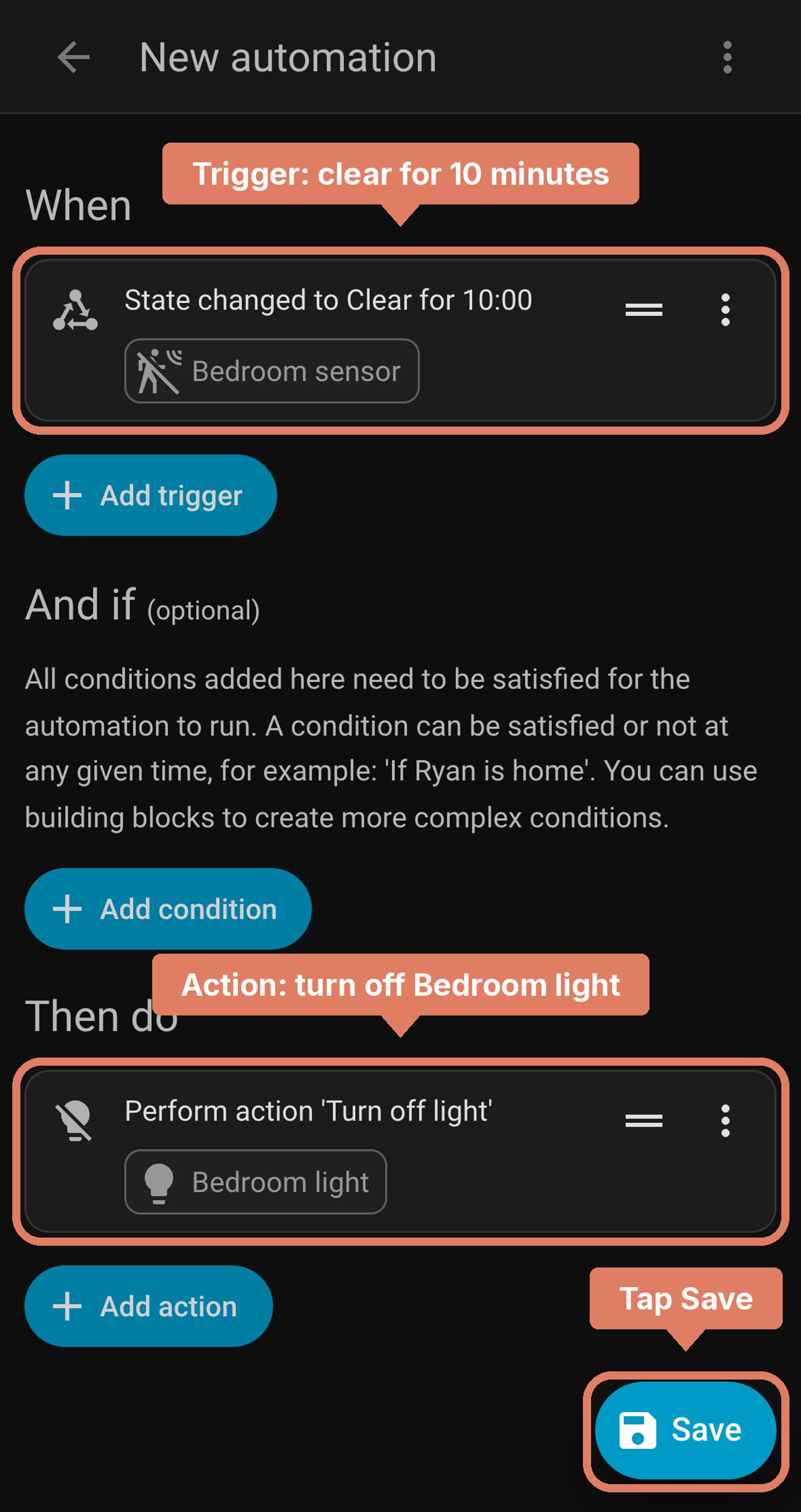 Home Assistant new automation before saving: Bedroom sensor clear for 10 minutes, turn off Bedroom light, with each part labelled and Save marked.