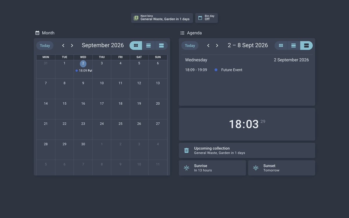 Home Assistant calendar lab dashboard running the Nordic theme (Blue dark), on desktop