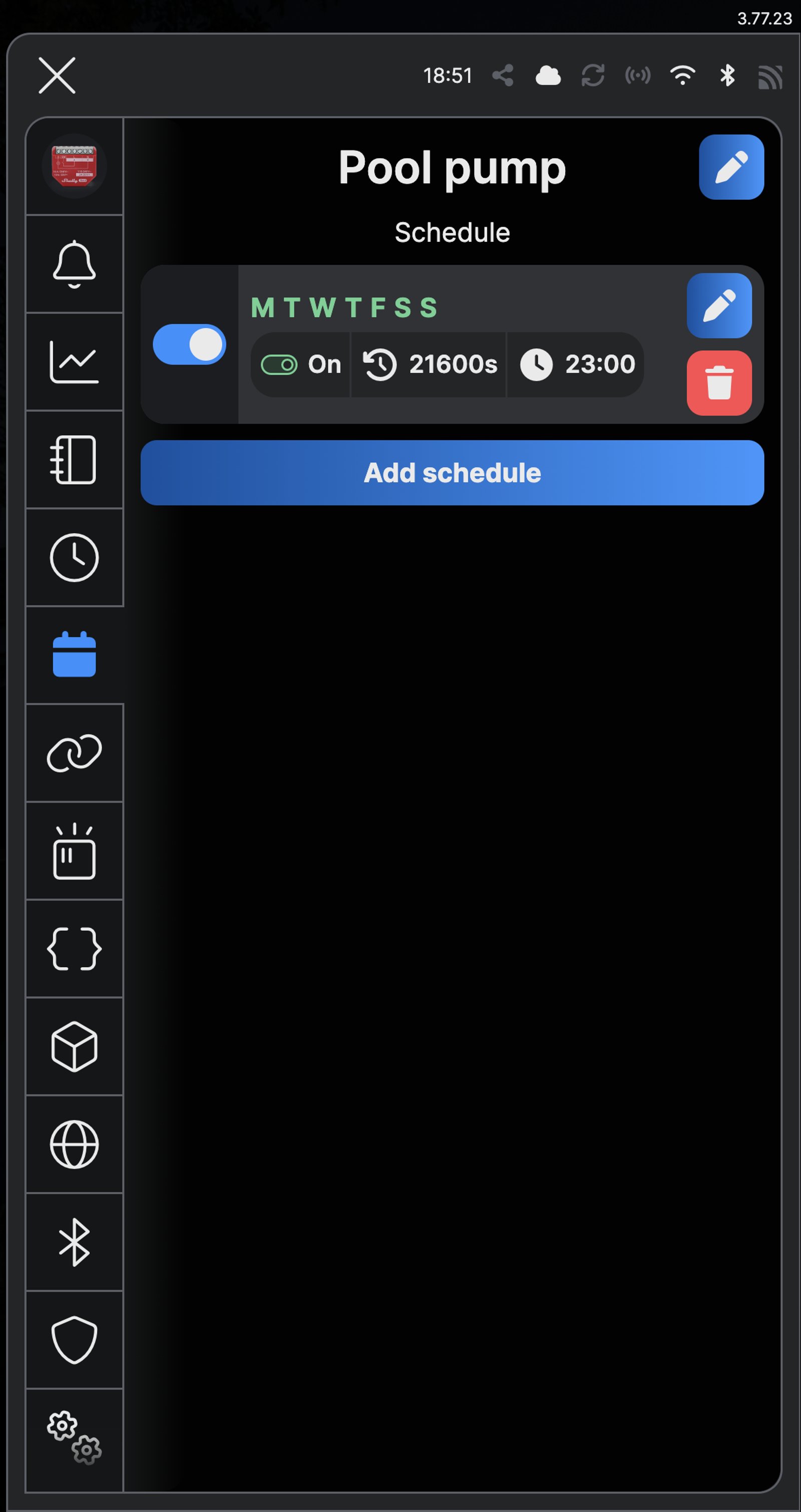 Shelly app schedule screen for a Shelly 1PM Gen4 named Pool pump, with one schedule every day: On at 23:00, back off after 21600 seconds.