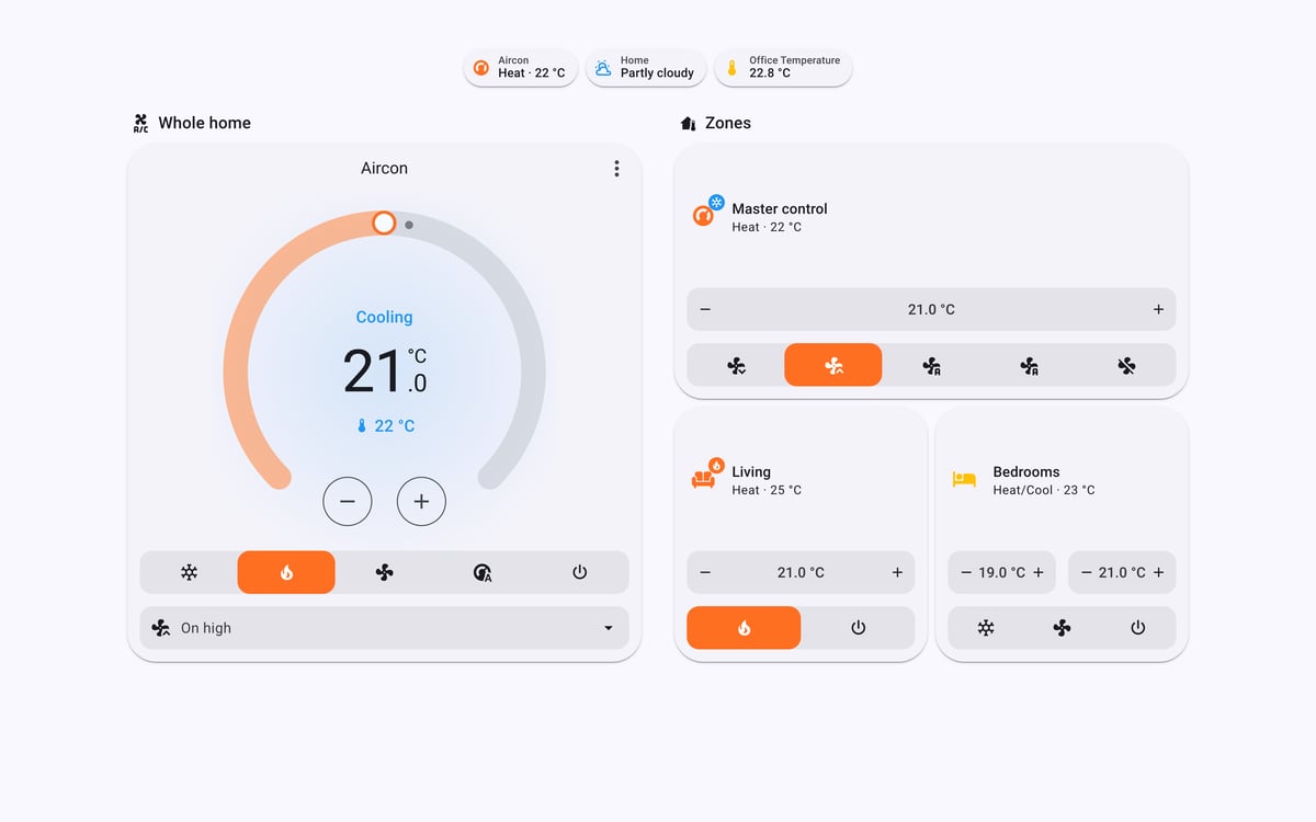 Home Assistant aircon lab dashboard running the Material You theme (Light), on desktop