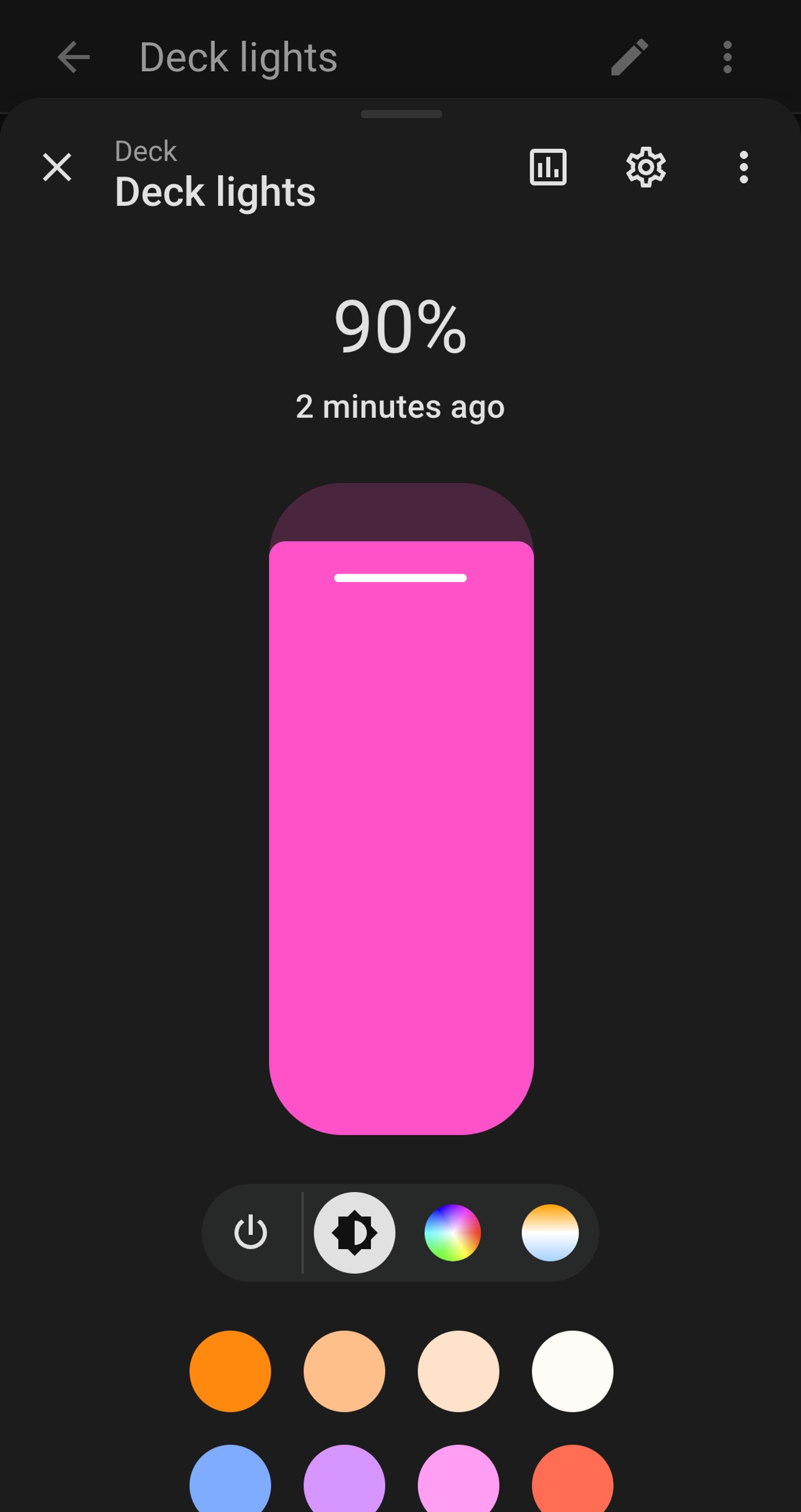 Home Assistant light controls for Deck lights in the Deck area, at 90% brightness in pink.