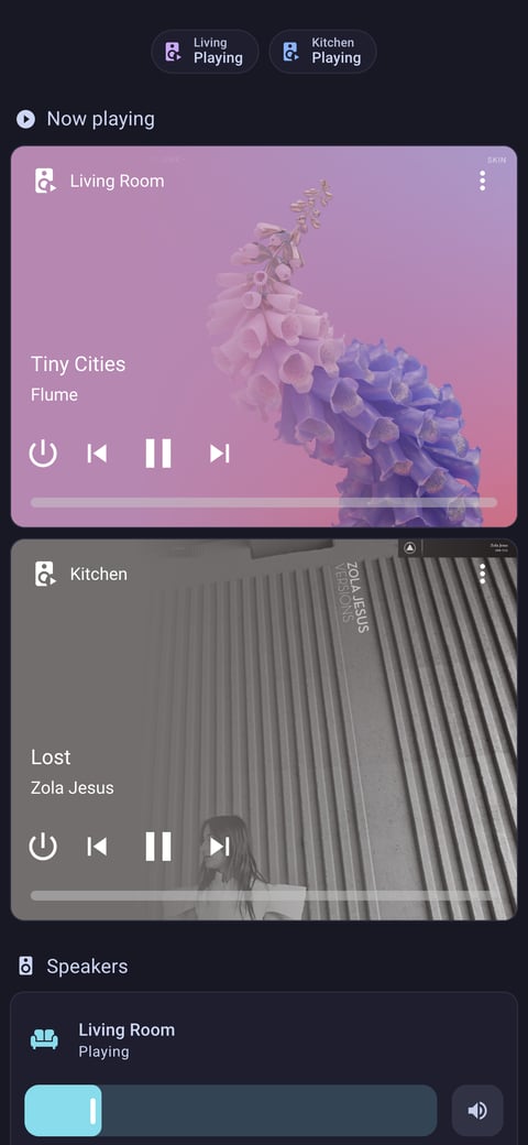 Home Assistant media lab dashboard running the Catppuccin theme (Mocha), on a phone