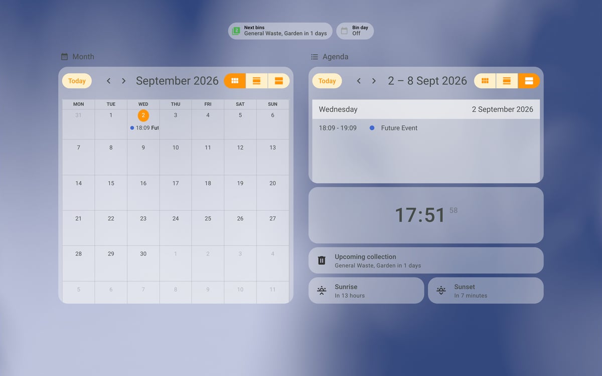 Home Assistant calendar lab dashboard running the iOS Themes theme (Light), on desktop