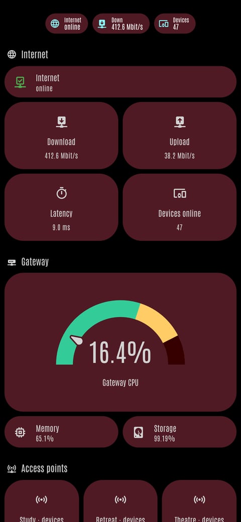 Home Assistant network lab dashboard running the LCARS theme (Cardassia), on a phone