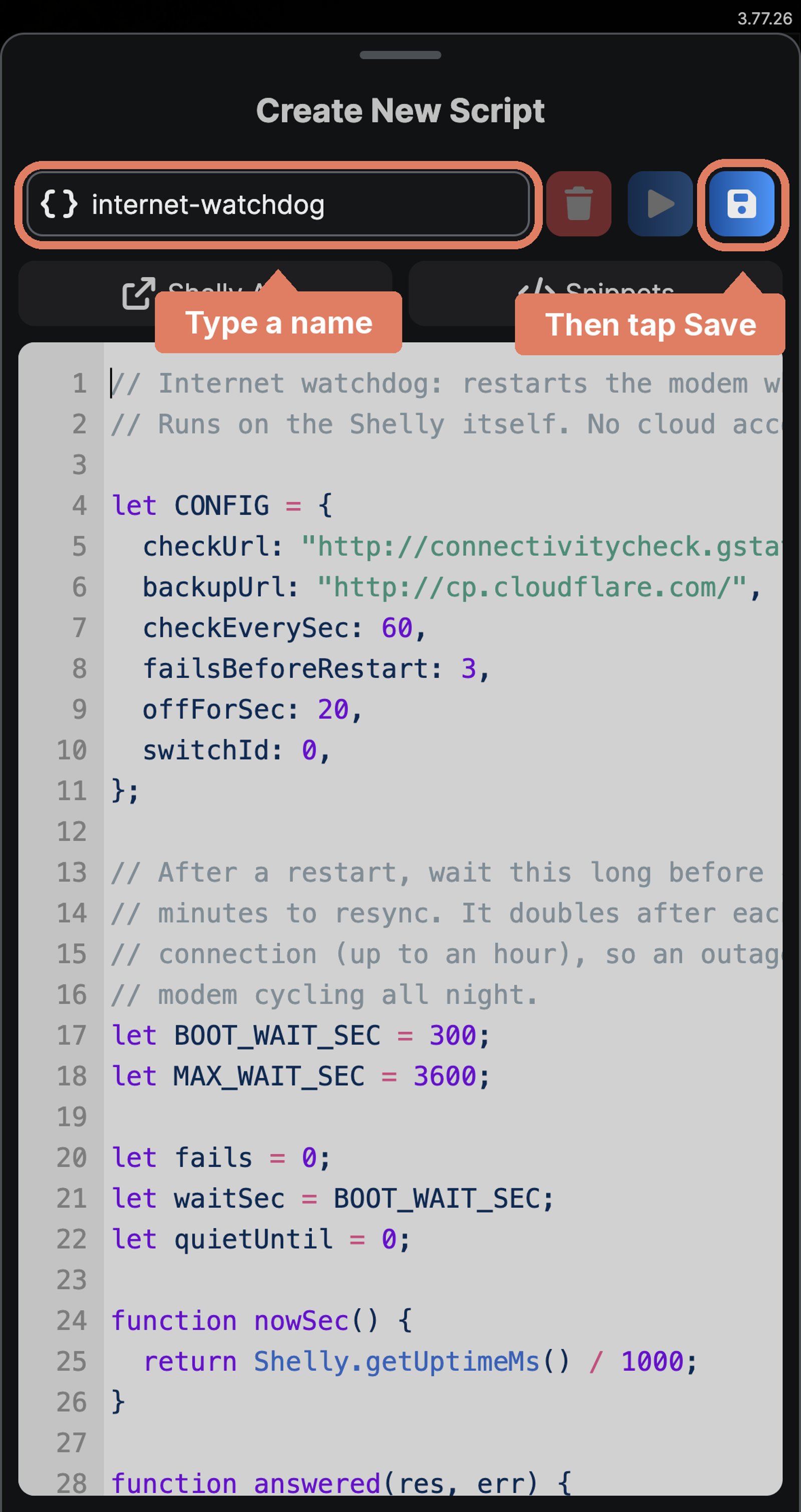 Shelly Smart Control Create New Script screen with the name internet-watchdog typed in and the script pasted, with the name field and the Save icon marked