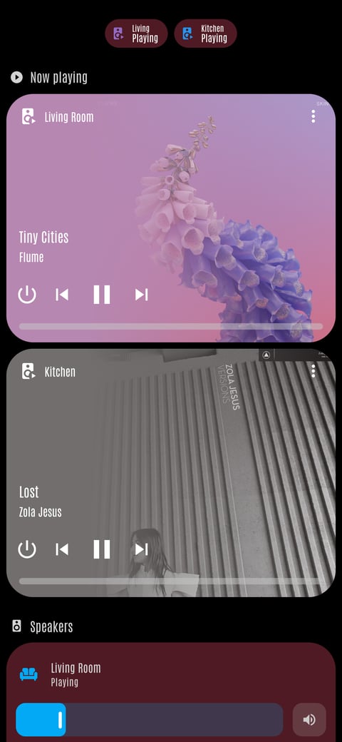 Home Assistant media lab dashboard running the LCARS theme (Cardassia), on a phone