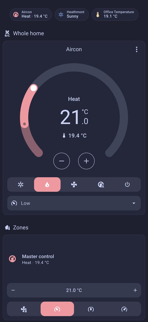 Home Assistant aircon lab dashboard running the Catppuccin theme (Macchiato), on a phone