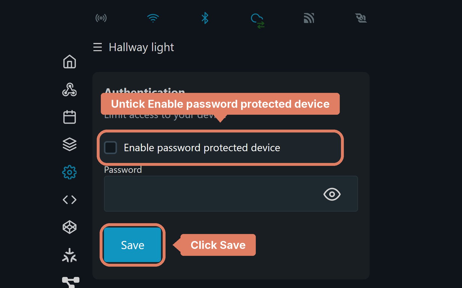 The Shelly web page's Authentication settings, with Enable password protected device and Save marked
