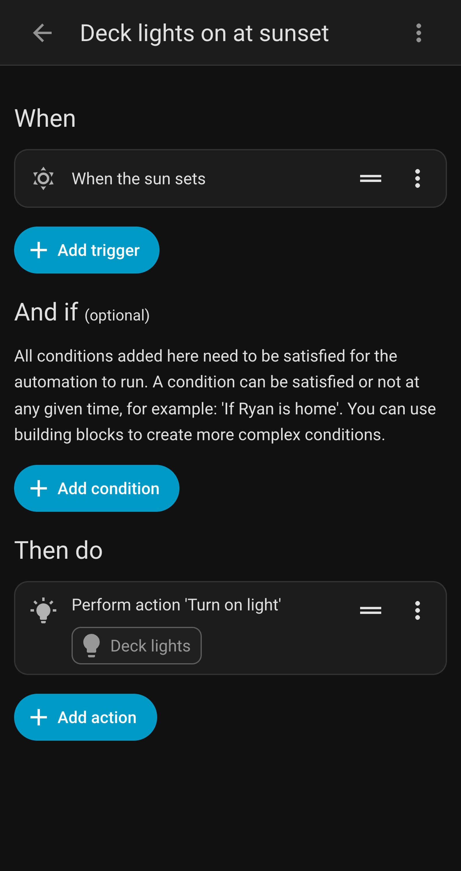 Home Assistant automation Deck lights on at sunset, triggered when the sun sets and turning on Deck lights.