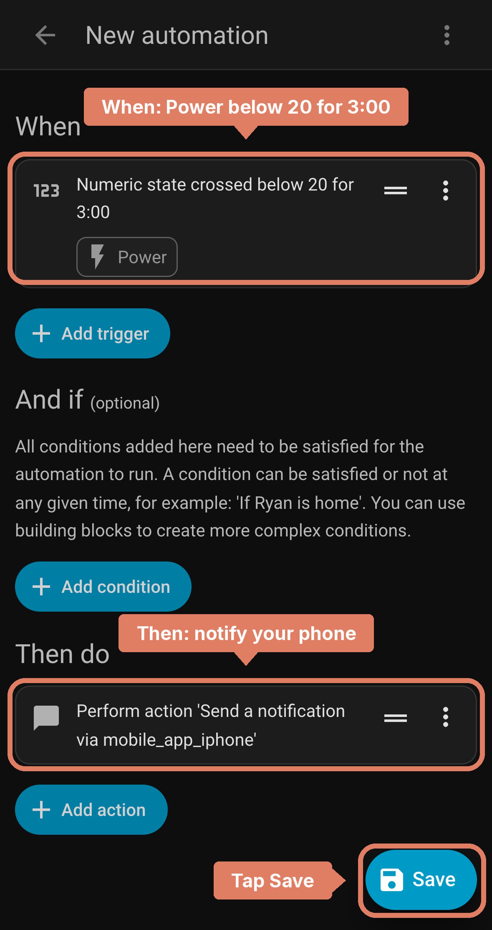 Home Assistant new automation before saving: when Power crosses below 20 for 3 minutes, send a notification to the phone, with the trigger and action labelled and Save marked.