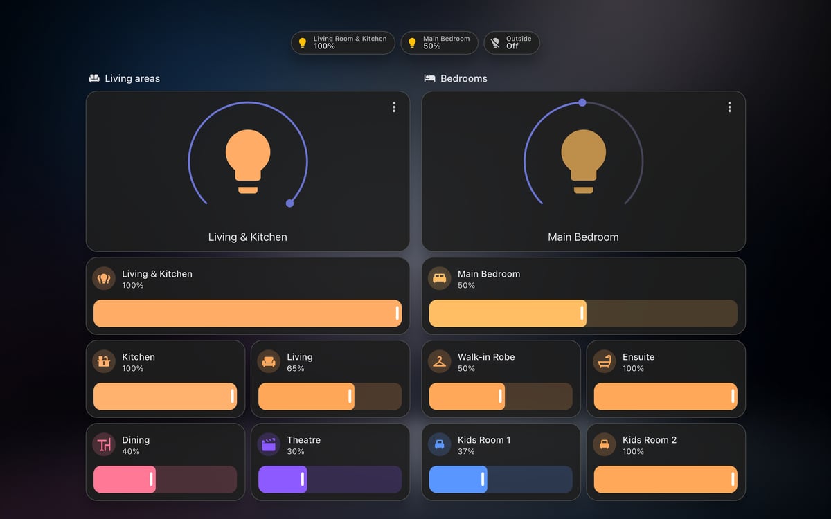 Home Assistant lights lab dashboard running the Frosted Glass theme (Dark), on desktop