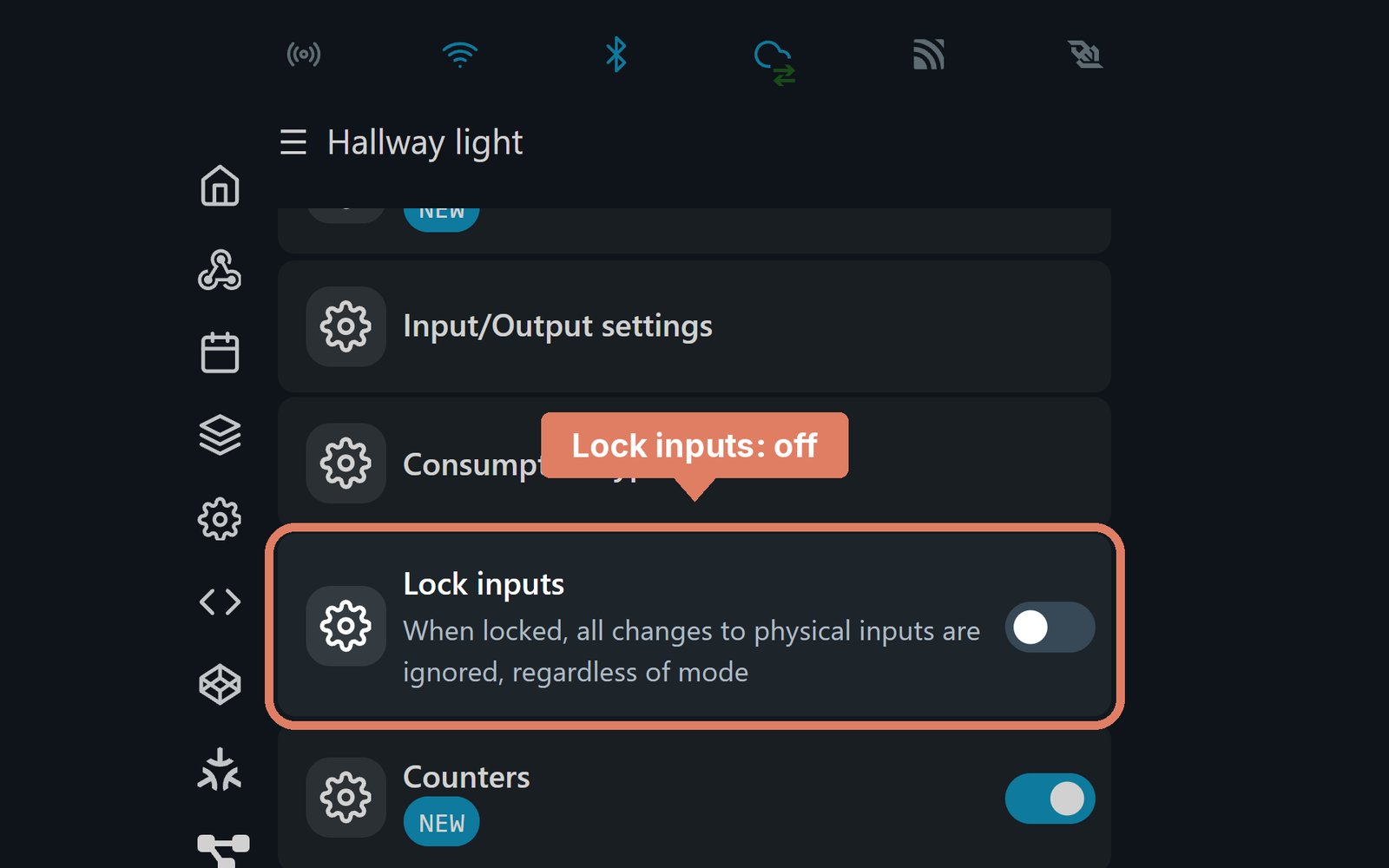 The Shelly web page's output settings, with Lock inputs marked and switched off