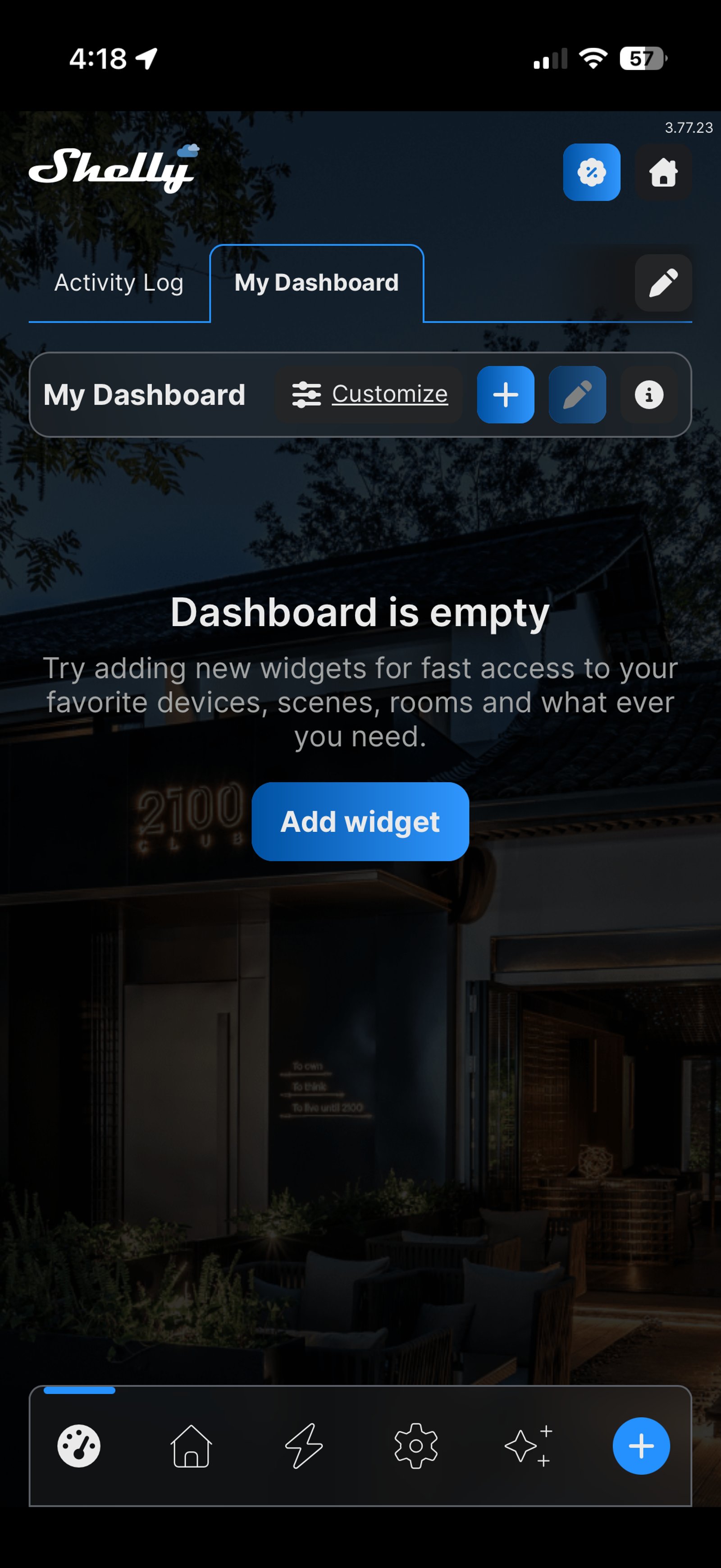 Shelly Smart Control home screen with an empty dashboard and the blue plus button in the lower-right corner of the bottom bar